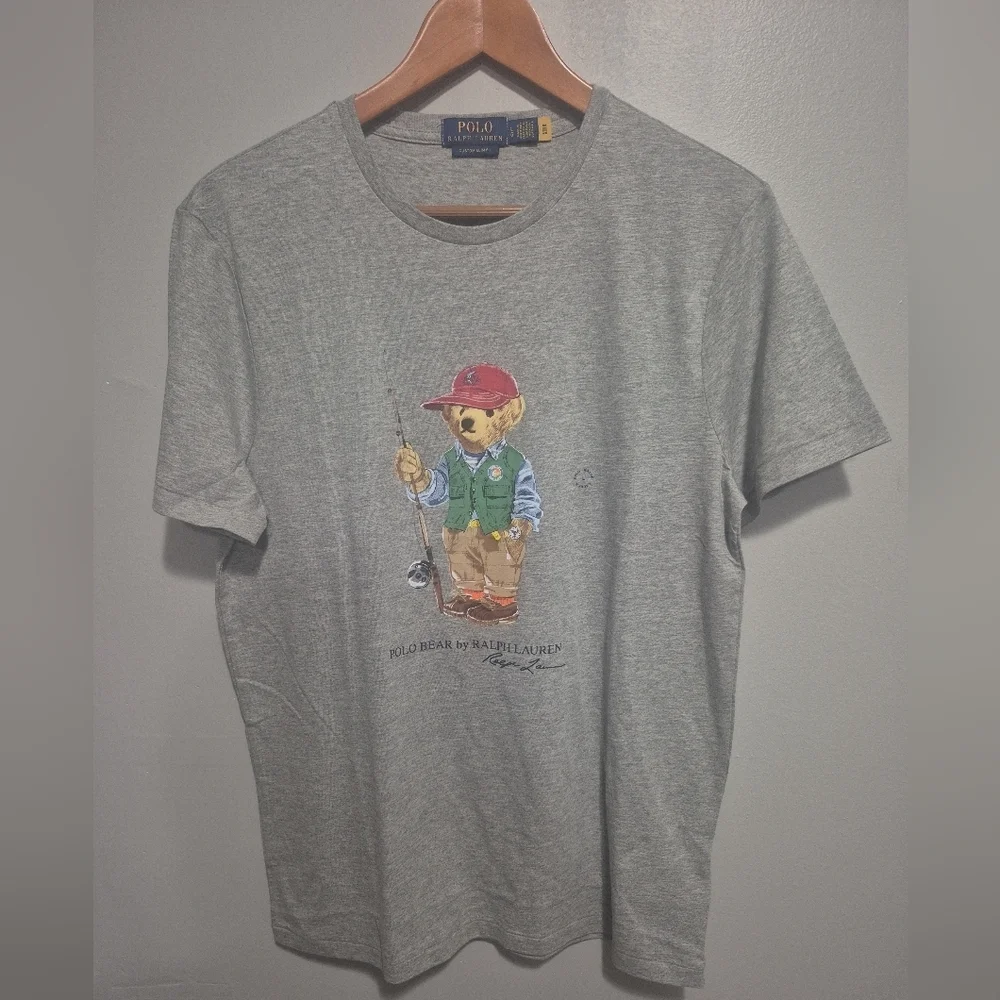Polo Ralph Lauren Polo Bear Fishing Graphic T Shirt Gray Custom Slim Fit Men's L